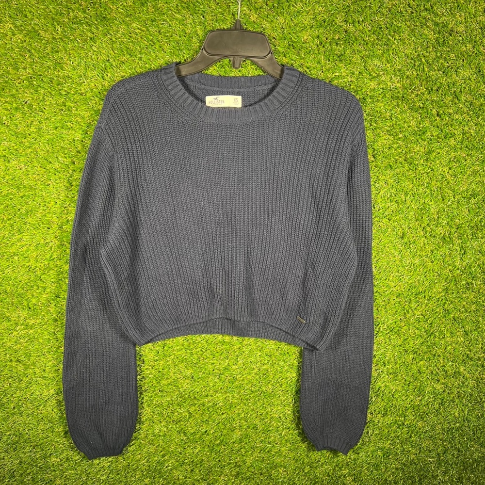 Hollister Womens XS Navy‎ Blue Ribbed Knit Cropped Crewneck Sweater